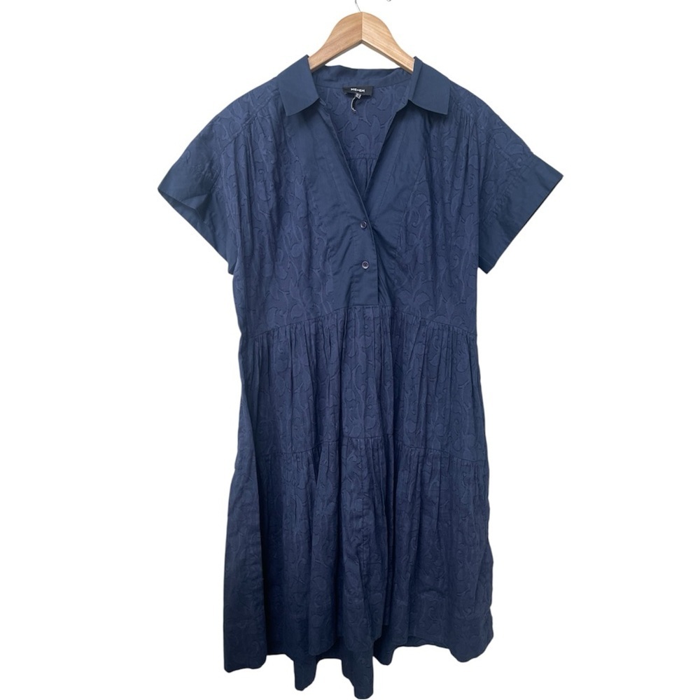 ME+EM | Navy Floral Textured Short Sleeve Tiered Mid Length Flare Dress Size 10